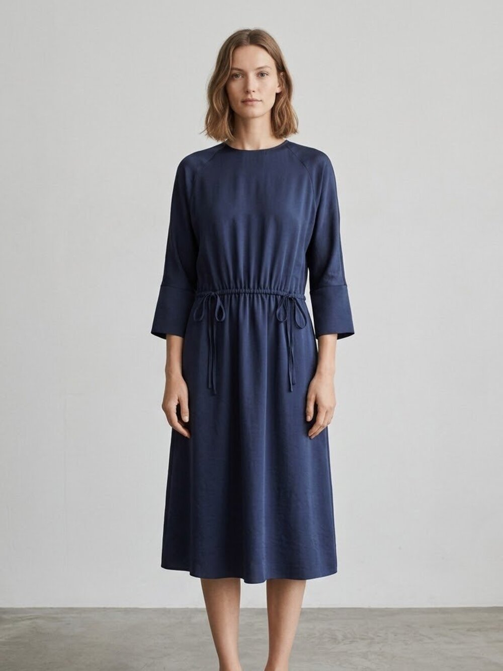 Vince Navy Blue Silky Cinched Waist Relaxed Fit Dress